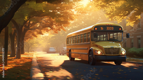 Autumn Morning School Bus on a Tree-Lined Street