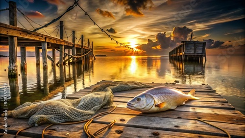 Rusty buoys bob in the quiet waters as sunset approaches, worn wooden pilings cracked and weathered, a lone porgy swims by, its iridescent scales shining softly. photo