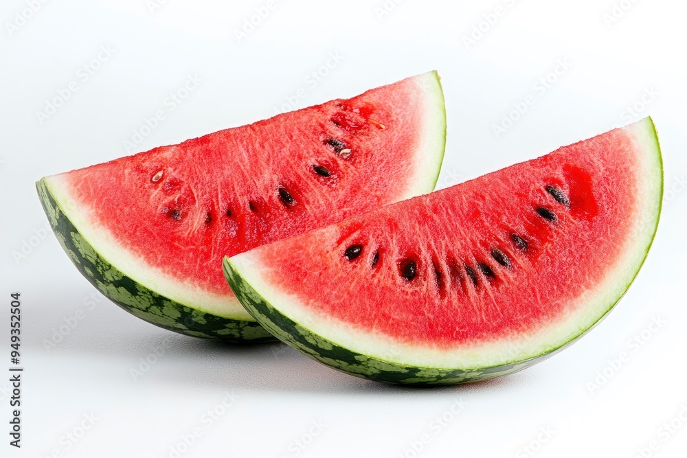 Juicy watermelon displayed on clean white surface, a delicious and colorful treat for any occasion with generative ai Juicy watermelon displayed on clean white surface, a delicious and colorful treat for any occasion with generative ai