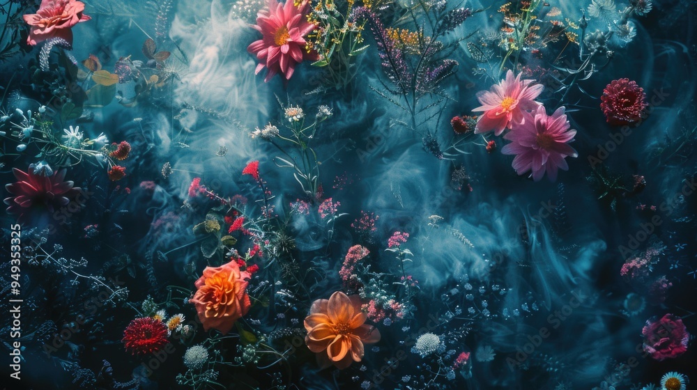 A scenic view of a field with colorful flowers and wispy smoke, suitable for use in landscape or nature photography A scenic view of a field with colorful flowers and wispy smoke, suitable for use in landscape or nature photography