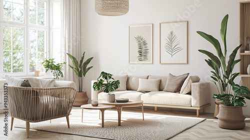 Wallpaper Mural A wide shot of a modern living room with Scandinavian design, featuring light wood furniture, neutral tones, and green plants adding a touch of nature --ar 16:9 --q 2 Torontodigital.ca