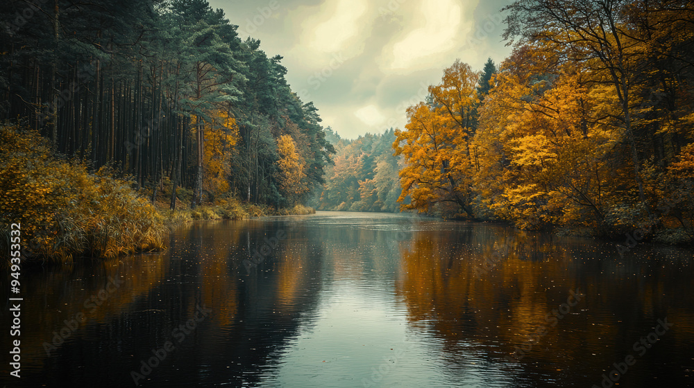 Obraz premium A serene landscape with a wide river flowing gently through a dense forest, with the golden hues of autumn leaves reflecting in the water under a soft, cloudy sky --ar 16:9 --q 2