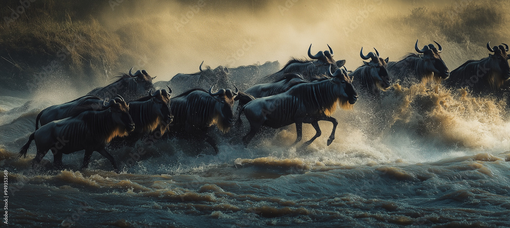 Fototapeta premium African Wildlife Adventure: Wildebeest Navigating the Mara River During the Great Migration