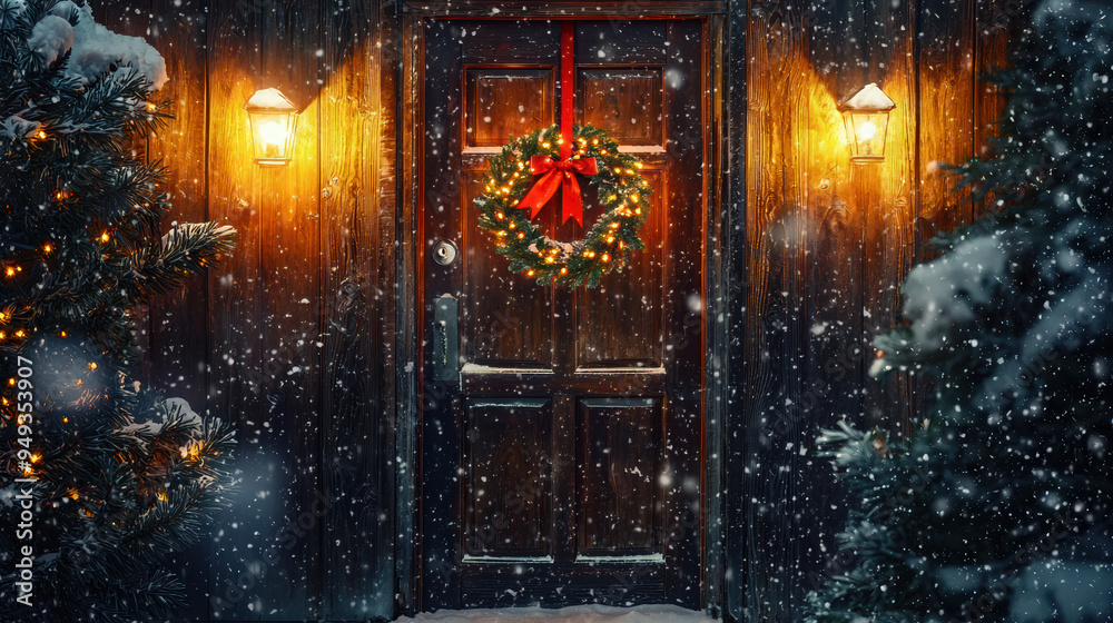 Obraz premium A classic Christmas background with a festive wreath on a wooden door, snow falling gently outside, and a warm glow from the interior lights illuminating the entrance --ar 16:9 --q 2