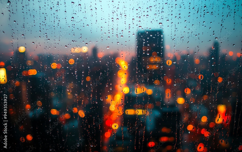 Fototapeta premium Close-up of raindrops on a window with a blurred cityscape in the background, creating a moody and reflective atmosphere