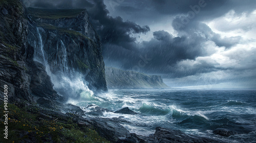 A dramatic landscape featuring a cliffside overlooking a stormy sea, with waves crashing against the rocks and dark clouds gathering on the horizon --ar 16:9 --q 2