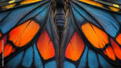 Close-up of butterfly wings with vibrant blue, orange, and black colors.