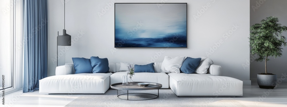 White sectional sofa with blue throw pillows in a modern living room with a large abstract painting and a potted plant. White sectional sofa with blue throw pillows in a modern living room with a large abstract painting and a potted plant.