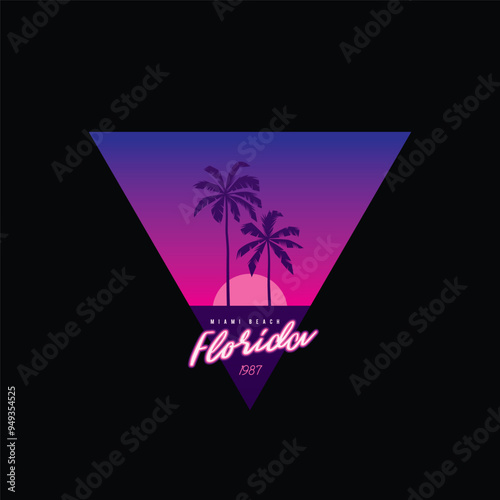 Original vector retro print isolated on black background. Palm trees on sunset background. T-shirt design.