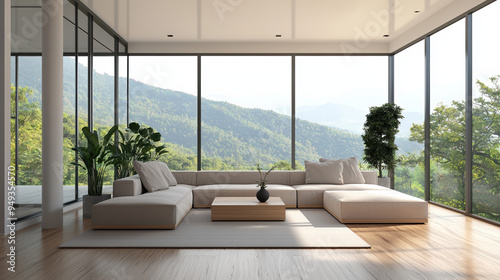 Modern interior design of a minimalist living room with large floor-to-ceiling windows, natural wood flooring, and cozy neutral-toned furniture bathed in natural light --ar 16:9 --q 2