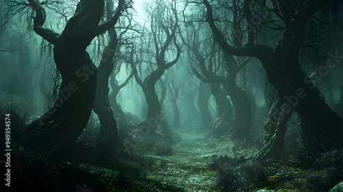 A forest filled with twisted trees and hidden creatures creating a spooky atmosphere photo