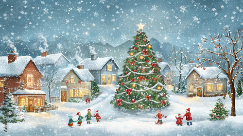 Wallpaper Mural A classic Christmas background featuring a snowy village scene with warmly lit houses, a large decorated tree, and children playing in the snow --ar 16:9 --q 2 Torontodigital.ca
