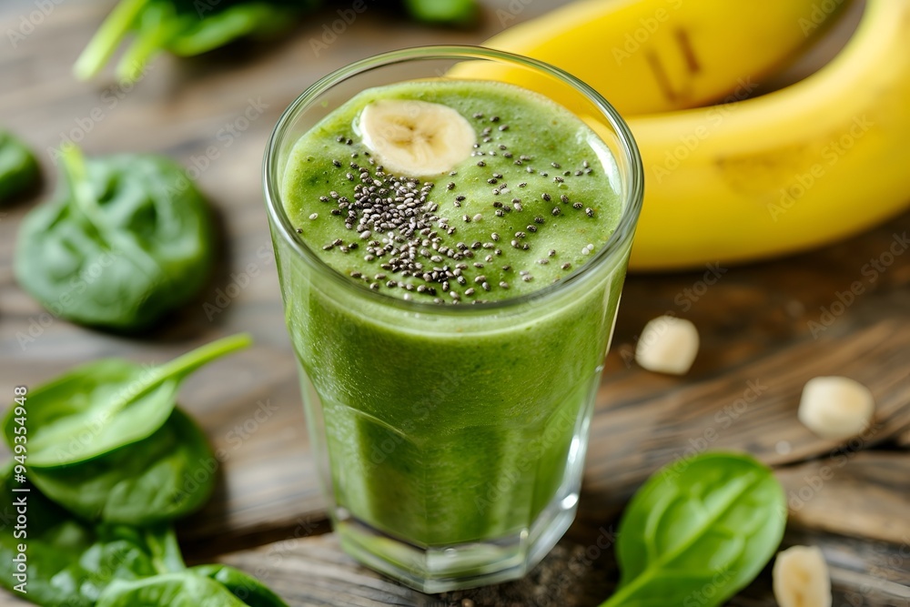 Green smoothie in a glass with chia seeds and banana slice, surrounded by spinach leaves and a whole banana on a wooden background.
Green smoothie in a glass with chia seeds and banana slice, surrounded by spinach leaves and a whole banana on a wooden background.