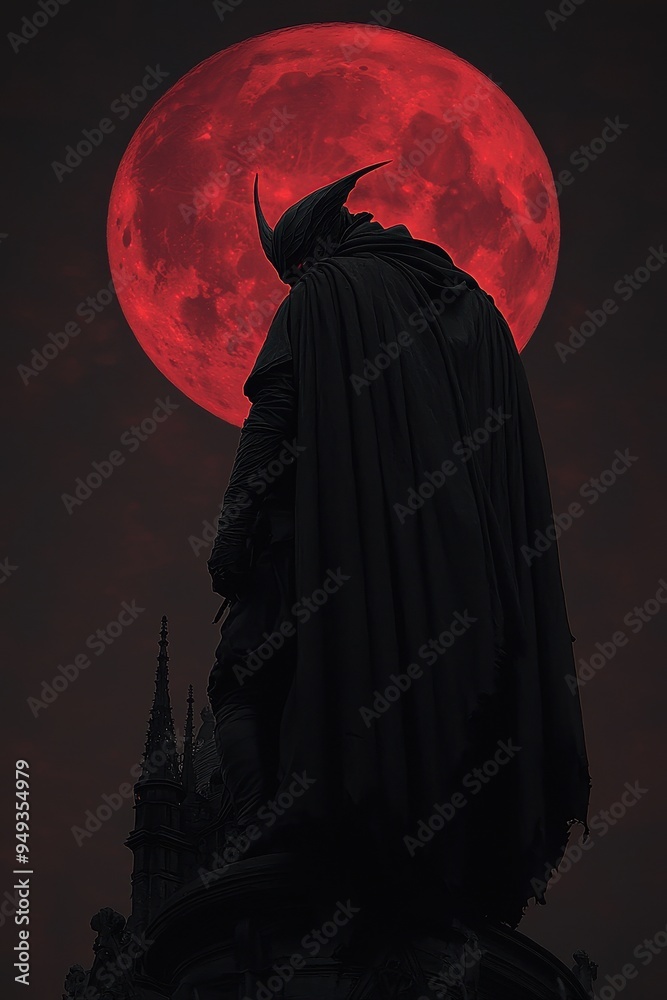 Silhouette of a Figure in a Cloak Against a Blood Red Moon Silhouette of a Figure in a Cloak Against a Blood Red Moon