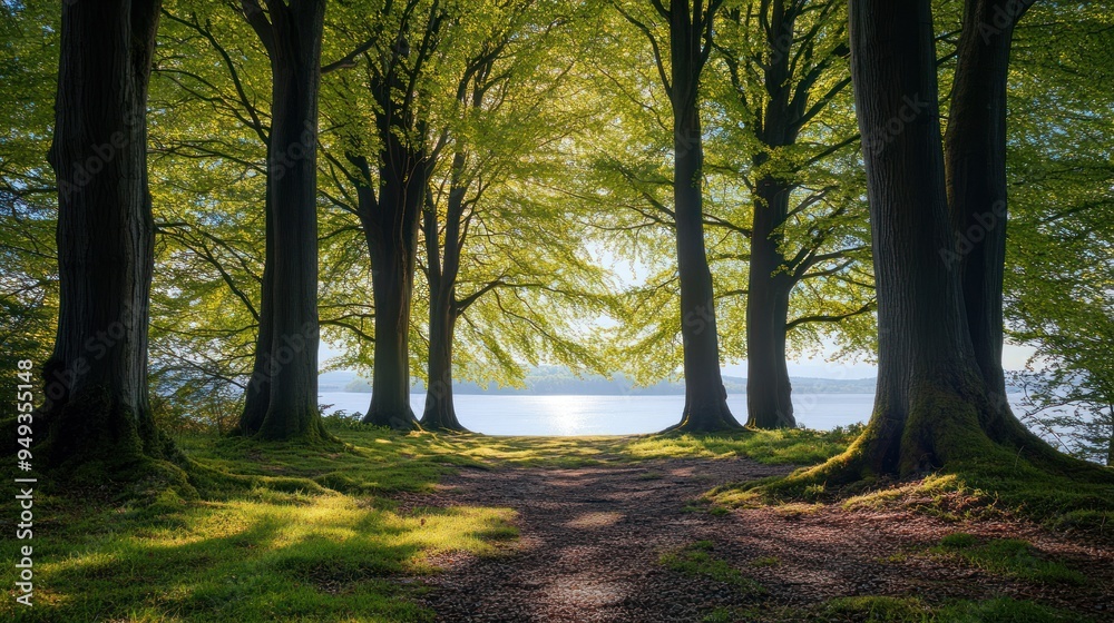 Fototapeta premium Sunlit Forest Path Leading to a Tranquil Lake