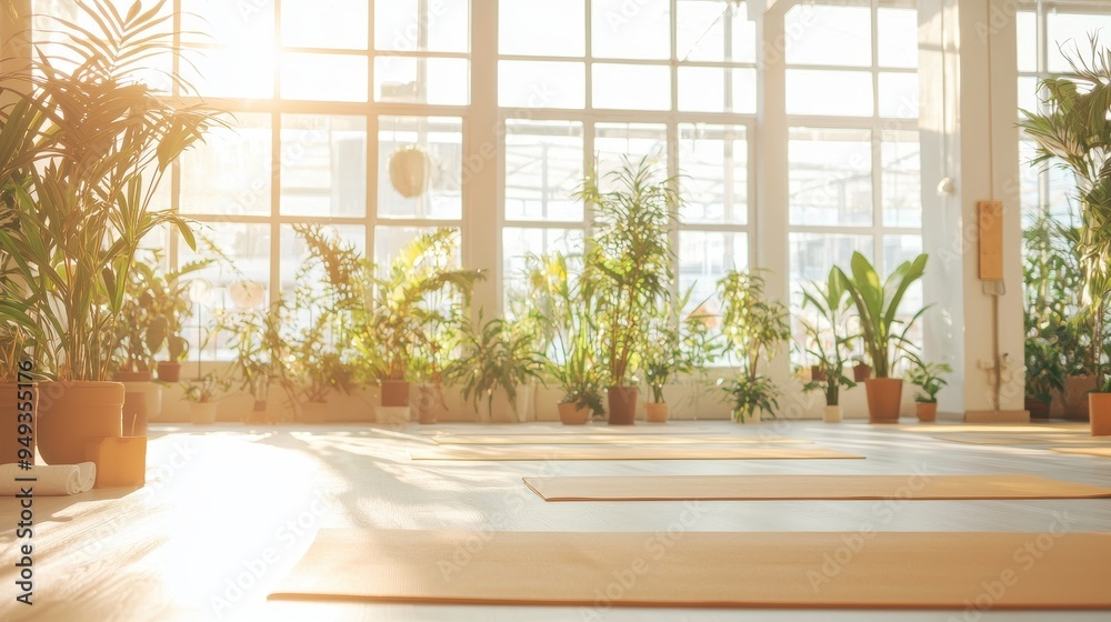 Yoga Studio with Sunlight Streaming Through Large Windows