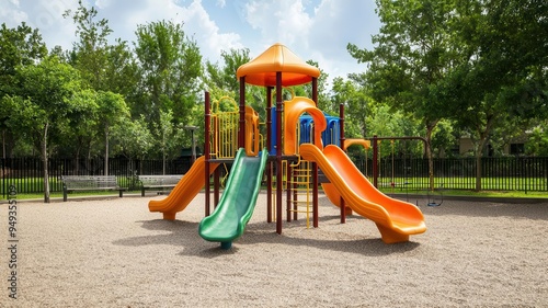 A modern, colorful playground set in a lush green park on a sunny day, filled with children of various ages playing happily The equipment is all soft-edged and designed for safety, with parents watchi photo