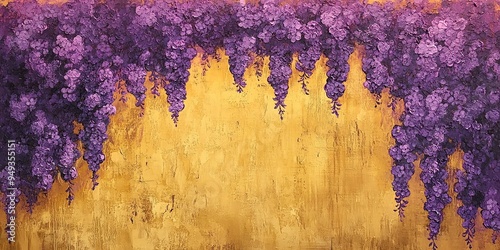 A wall with lilac flowers painted on it, the background is yellow and textured, the purple lills cover almost all of the space in front photo