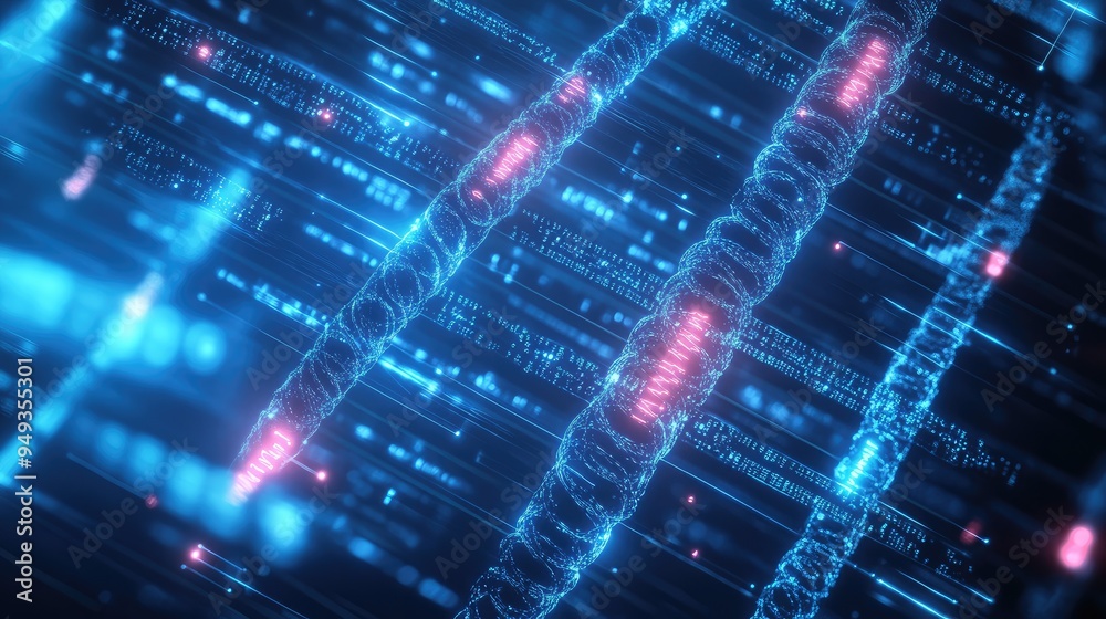 Abstract depiction of chromosomes with glowing chemical formulas, set against a sleek, digital background, emphasizing genetic research. Abstract depiction of chromosomes with glowing chemical formulas, set against a sleek, digital background, emphasizing genetic research.
