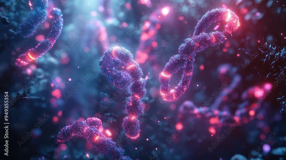 Abstract depiction of chromosomes with neon lights, set in a dark digital space, emphasizing the complexity of genetic science. Abstract depiction of chromosomes with neon lights, set in a dark digital space, emphasizing the complexity of genetic science.