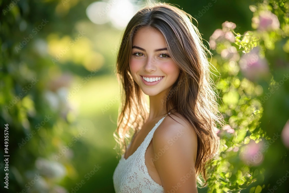 Portrait of a Smiling Woman with Long Brown Hair in a Garden Portrait of a Smiling Woman with Long Brown Hair in a Garden