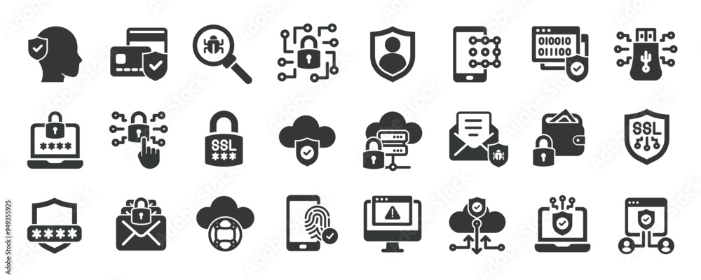 Cyber security glyph solid icons collection. Containing protection, privacy, accesss, secure. Minimal icon and symbol series vector illustration Cyber security glyph solid icons collection. Containing protection, privacy, accesss, secure. Minimal icon and symbol series vector illustration