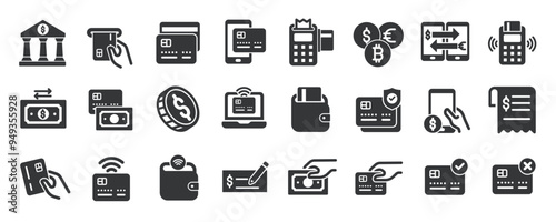 Payment glyph solid icons collection. Containing money, finance, bank, cashless. Minimal icon and symbol series vector illustration