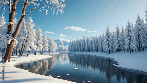 A serene winter landscape with snow-covered trees and a frozen lake, winter wonderland, peaceful, snowy, cold, tranquil, isolated, white, scenic, nature, cartoon style 