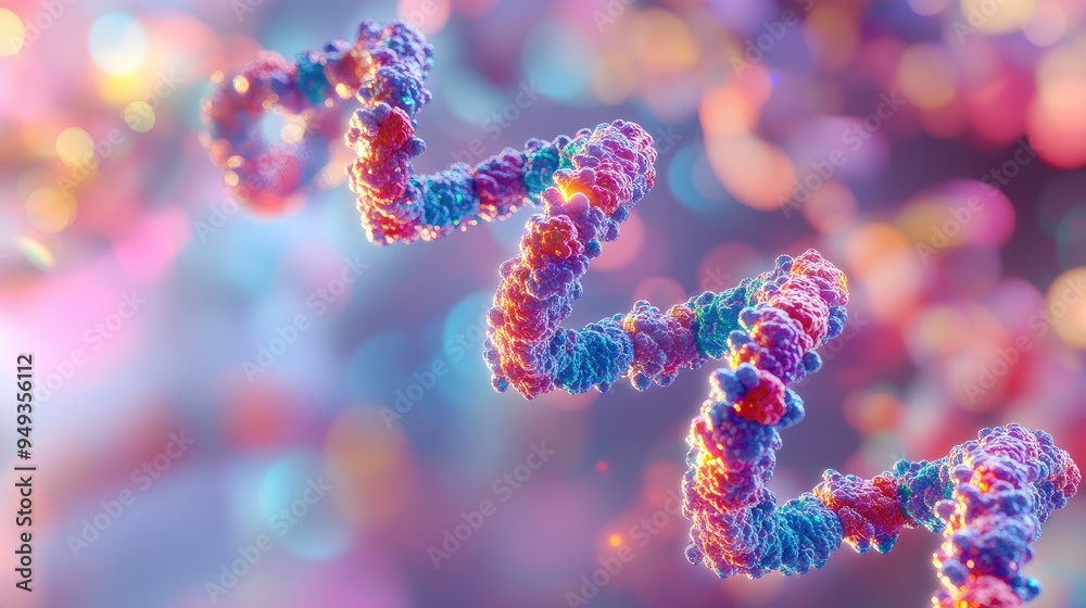Chromosome strands with abstract molecular models, floating in a digital environment, emphasizing advancements in genetic science. Chromosome strands with abstract molecular models, floating in a digital environment, emphasizing advancements in genetic science.