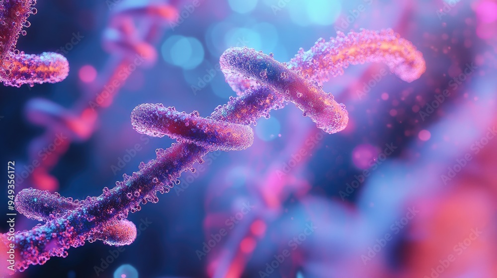 Chromosome strands with abstract molecular models, floating in a high-tech environment, symbolizing biotechnology advancements. Chromosome strands with abstract molecular models, floating in a high-tech environment, symbolizing biotechnology advancements.