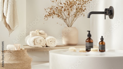 Relaxing Bathroom Interior with White Towels  Dried Flowers  and a Bathtub with Foamy Water