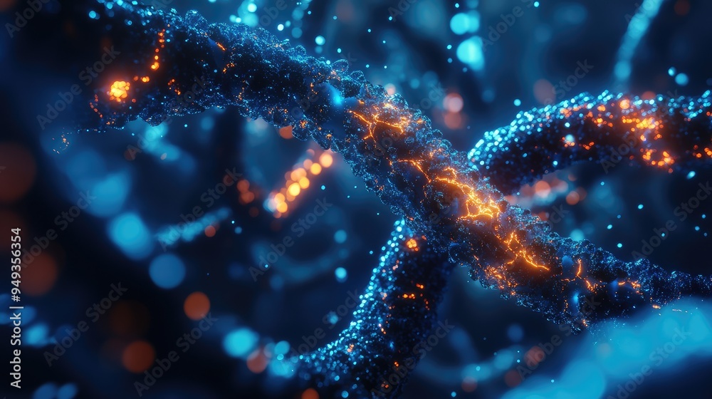 Chromosomes with an abstract, glowing design, intertwined with molecular structures, highlighting the intersection of biology and technology. Chromosomes with an abstract, glowing design, intertwined with molecular structures, highlighting the intersection of biology and technology.
