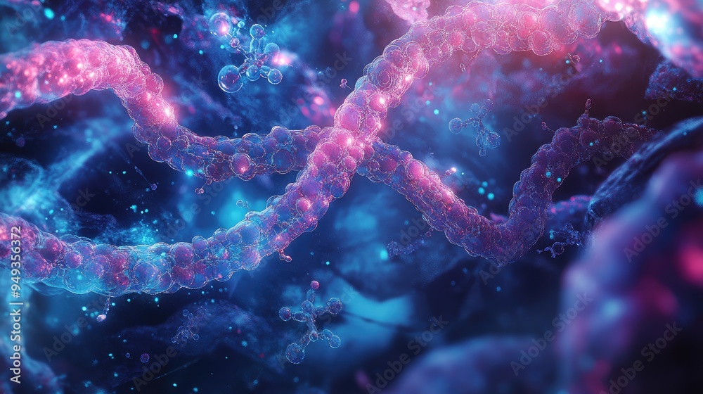 Chromosomes with an abstract, glowing design, intertwined with molecular structures, highlighting the intersection of biology and technology.