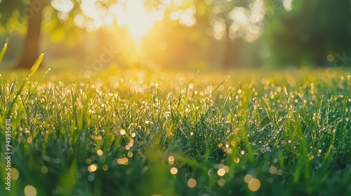 Green Meadow with Dew Wallpaper. A fresh green meadow in the early morning.