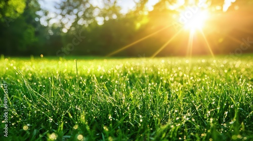 Green Meadow with Dew Wallpaper. A fresh green meadow in the early morning.