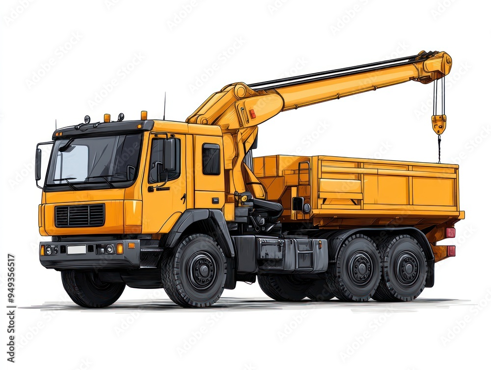 Yellow Construction Truck with Crane Illustration Yellow Construction Truck with Crane Illustration