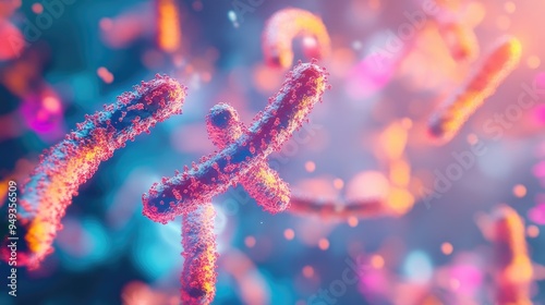 Chromosomes with interconnected molecular models, floating in a digital environment, highlighting medical research in genetics.