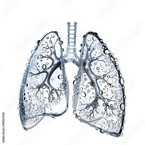 Detailed illustration of human lungs with water droplets, depicting respiratory health and medical biology themes.