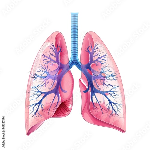 Detailed medical illustration of human lungs showing the respiratory system with bronchi, trachea, and alveoli. Perfect for health-related content. photo