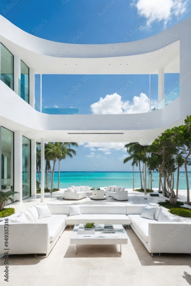 Naklejka premium Modern White Villa with Ocean View Patio and Sectional Sofa