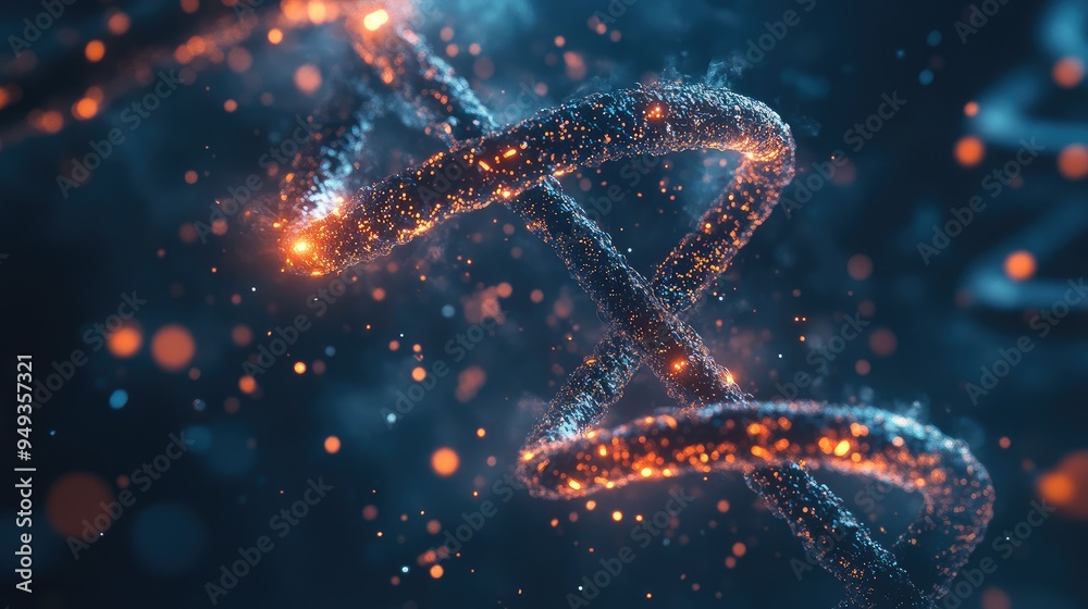 DNA double helix with glowing, abstract shapes surrounding it, symbolizing the advancement of genetic technology. DNA double helix with glowing, abstract shapes surrounding it, symbolizing the advancement of genetic technology.