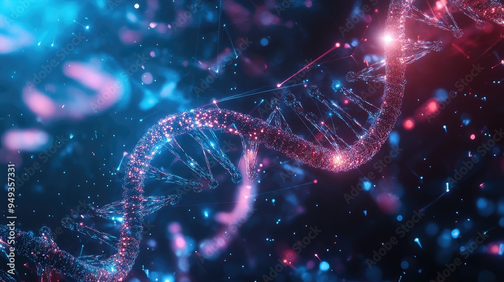 DNA double helix with glowing, abstract shapes surrounding it, symbolizing the advancement of genetic technology. DNA double helix with glowing, abstract shapes surrounding it, symbolizing the advancement of genetic technology.