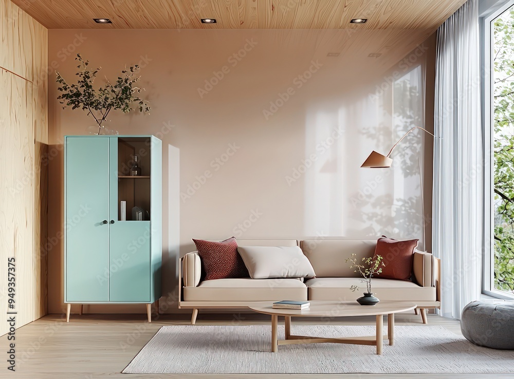 Room with beige sofa, creamy walls, dark wood ceiling, light blue cabinet.