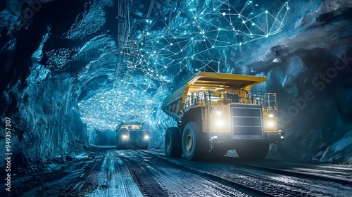 Aerial view of an IoT powered intelligent excavation system coordinating the underground mining Advanced sensor networks data analytics and automation technologies enable efficient safe