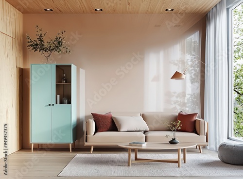Obraz na płótnie Room with beige sofa, creamy walls, dark wood ceiling, light blue cabinet. w salonie