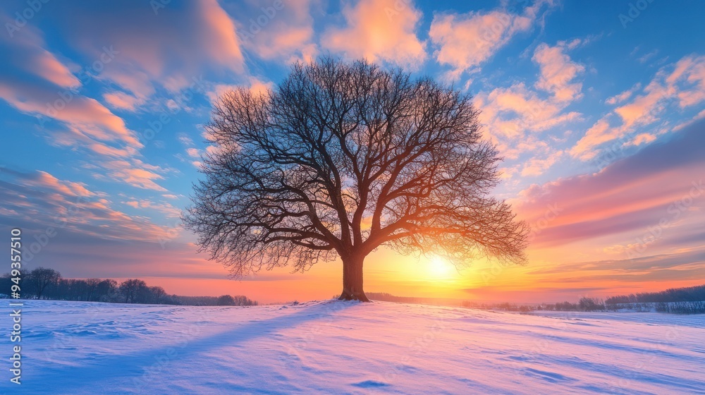 Solitary Tree in Snowy Field at Sunset Solitary Tree in Snowy Field at Sunset