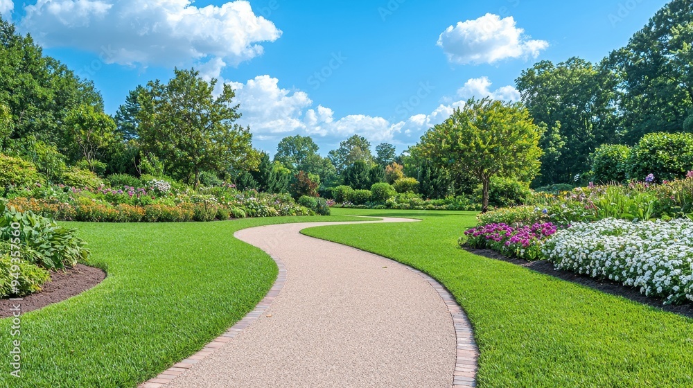 Winding Stone Path Through Lush Green Garden With Blue Sky and White Clouds Winding Stone Path Through Lush Green Garden With Blue Sky and White Clouds