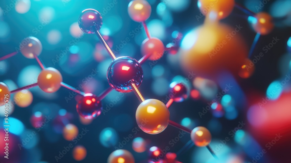 Futuristic molecular model with interconnected atoms in bright colors, floating in a digital environment, symbolizing advanced chemistry. Futuristic molecular model with interconnected atoms in bright colors, floating in a digital environment, symbolizing advanced chemistry.