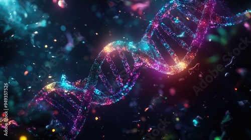 Double helix DNA structure rendered in bright, neon colors, floating in a dark space, symbolizing advancements in genetics.