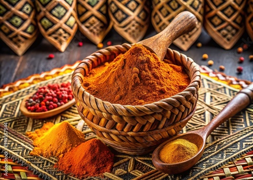 Vibrant orange-brown henna powder pours from a small wooden spoon onto a woven basket, surrounded by intricate Indian-inspired patterns and exotic spices. photo